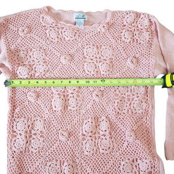 Vintage Pink Knit Crochet Floral‎ Sweater Grannycore Casual Boho Chic Classic - Picture 9 of 9